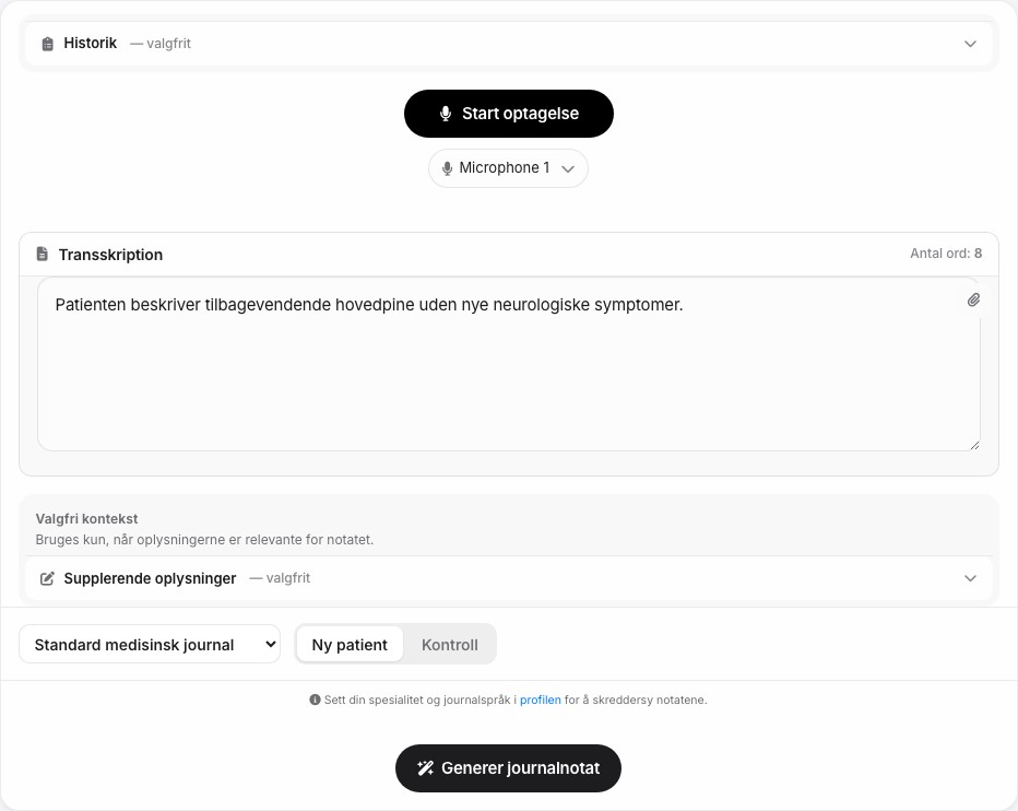 Skærmbillede af Journal-arbejdsfladen i MediVox V4