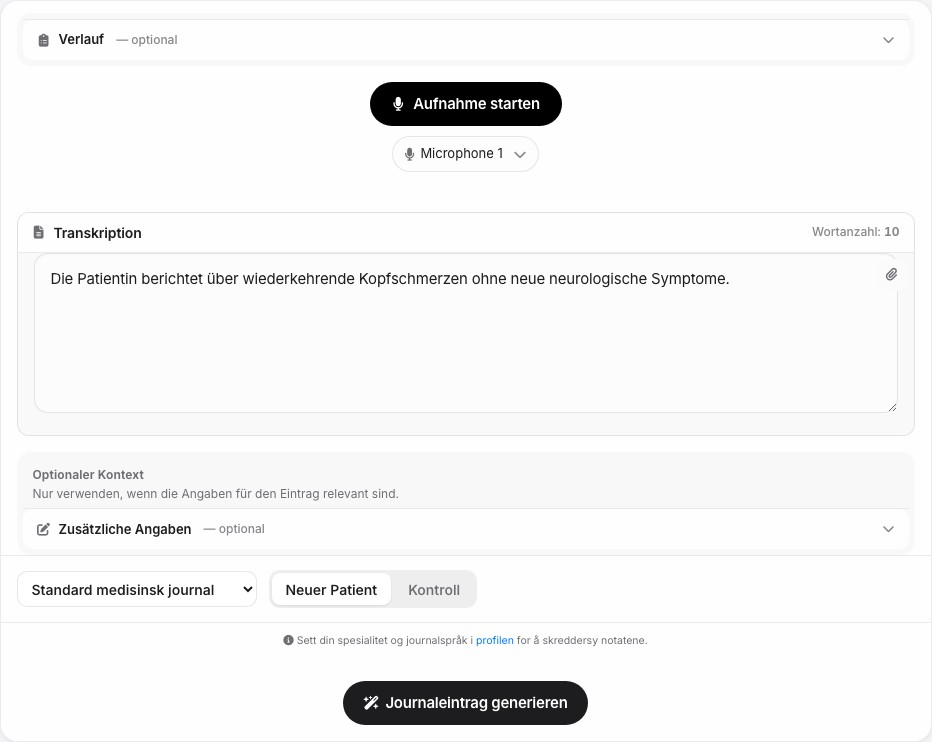 Screenshot des Journal-Arbeitsbereichs in MediVox V4