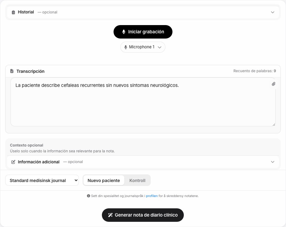 Captura de pantalla del espacio de trabajo de notas clínicas de MediVox V4